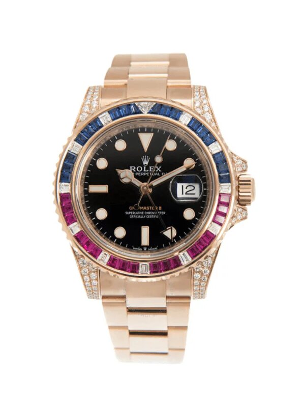 Rolex GMT-Master II 126755SARU 'SARU' in Everose Gold with a black dial, diamond, sapphire, and ruby-set bezel, displaying luxury and precision craftsmanship.
