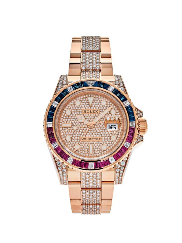 Rolex GMT-Master II 126755SARU in 18k Everose gold with sapphire, ruby, and diamond bezel, diamond-paved dial, and diamond-set lugs, finished with an Everose gold Oyster bracelet.