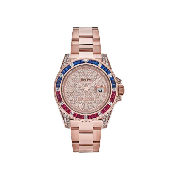 Rolex GMT-Master II 126755SARU in Everose gold with a gem-set bezel featuring sapphires, rubies, and diamonds, a black dial, and an Everose gold Oyster bracelet.
