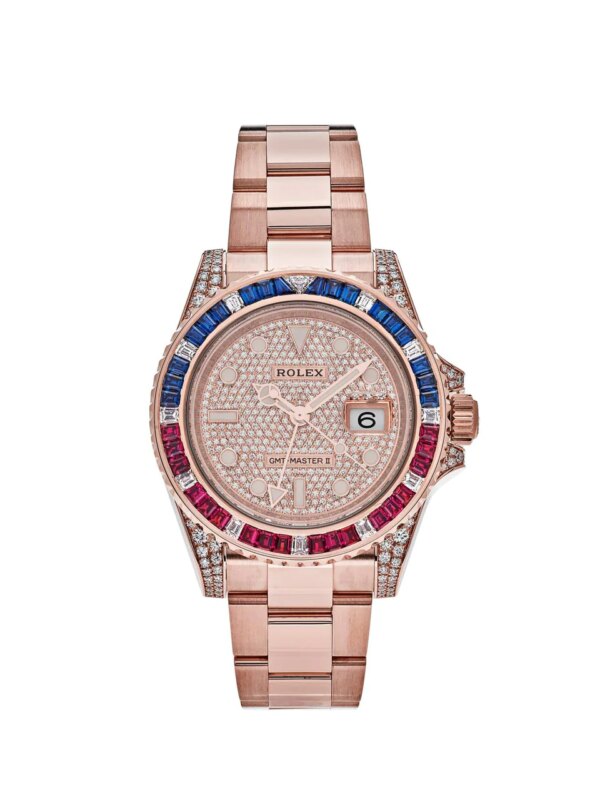 Rolex GMT-Master II 126755SARU in Everose gold with a gem-set bezel featuring sapphires, rubies, and diamonds, a black dial, and an Everose gold Oyster bracelet.