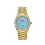 Rolex Day-Date 36 Yellow Gold Watch with Turquoise Diamond Dial, Diamond Bezel, and President Bracelet.