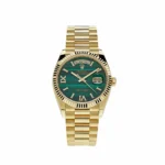 Rolex Day-Date 36 Yellow Gold Watch with Green Malachite Dial, Roman Numerals, and Diamond Bezel.