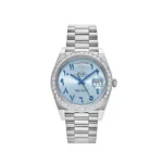 Rolex Day-Date 228396TBR Platinum Ice Blue Arabic Dial with Diamond Bezel and President bracelet, showcasing luxury design and Arabic numeral markers