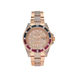 Rolex GMT-Master II 126755SARU in 18k Everose gold with sapphire, ruby, and diamond bezel, diamond-paved dial, and diamond-set lugs, finished with an Everose gold Oyster bracelet.