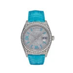 Rolex Day-Date 128159RBR White Gold Diamond Roman Dial with Turquoise Leather Strap and Gem-Set Bezel.