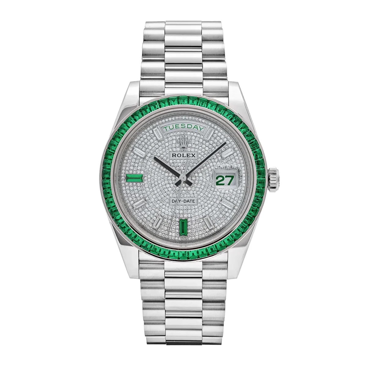 Rolex Day-Date 40 Platinum Diamond Dial with Emerald Bezel and President Bracelet.