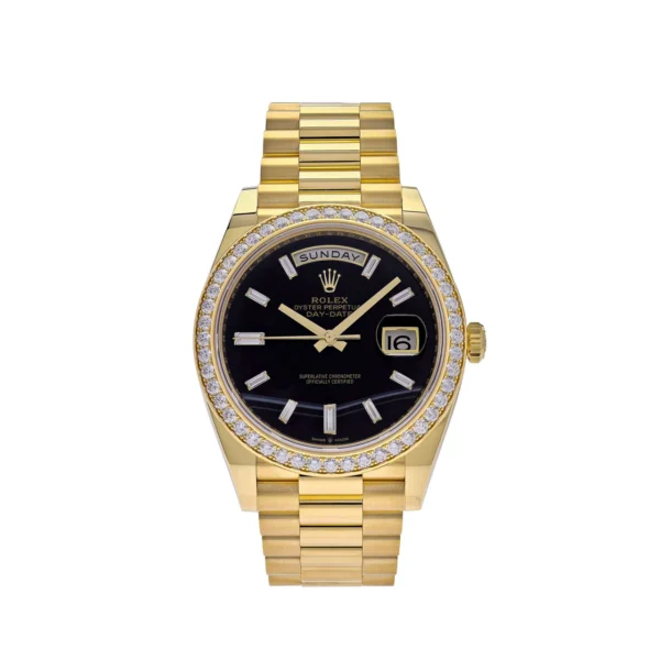 Rolex Day-Date 40 Yellow Gold Diamond Bezel Black Onyx Dial 228348RBR - 18k yellow gold watch with a diamond-set bezel, black onyx dial, and Caliber 3255.