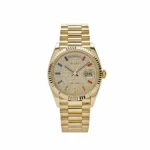 Rolex Day-Date 128238 Yellow Gold Diamond-Paved Rainbow Dial with Fluted Bezel and Presidential Bracelet.