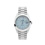 Rolex Day-Date 228206 Platinum 40mm Watch with Ice Blue Diagonal Motif Dial and Platinum President Bracelet.