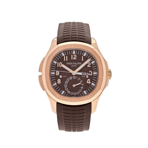 Patek Philippe Aquanaut 5164R-001 with brown dial, rose gold case, and dual time zone functionality.