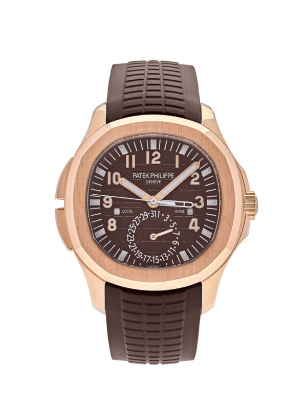 Patek Philippe Aquanaut 5164R-001 with brown dial, rose gold case, and dual time zone functionality.