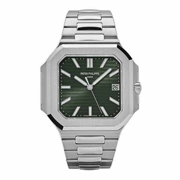 Patek Philippe Cubitus 5821/1A-001 in stainless steel featuring a sunburst olive green dial, square case with rounded edges, and a lockable adjustment bracelet.