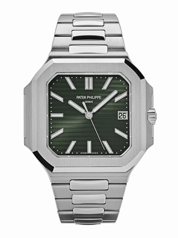 Patek Philippe Cubitus 5821/1A-001 in stainless steel featuring a sunburst olive green dial, square case with rounded edges, and a lockable adjustment bracelet.