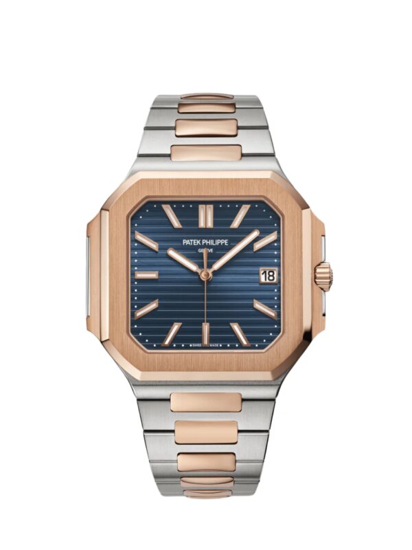 Patek Philippe Cubitus 5821/1AR-001 featuring a two-tone stainless steel and rose gold case, blue sunburst dial, and a matching two-tone bracelet.
