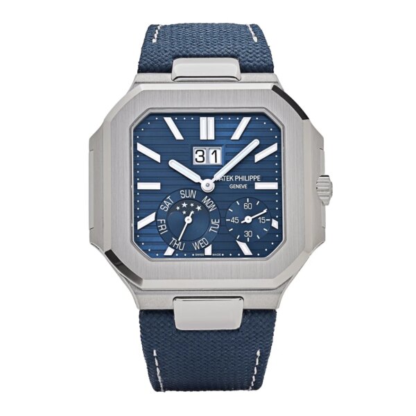 Patek Philippe Cubitus 5822P-001 in platinum with a blue sunburst dial, square case, grand date, moon-phase complications, and a navy blue composite strap.