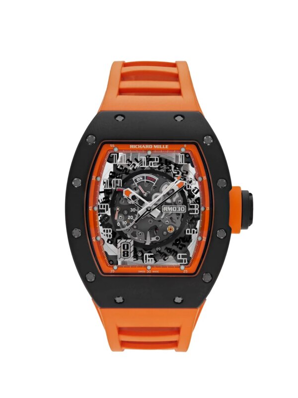 Richard Mille RM 030 Americas Limited Edition with black carbon case, vibrant orange accents, and a luxurious strap, showcasing bold design and exceptional craftsmanship.