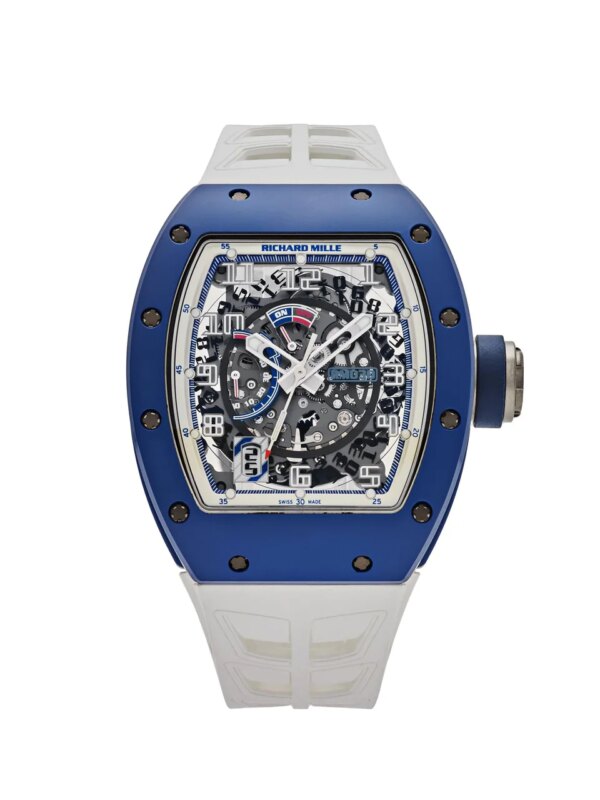 Richard Mille RM 030 Blue Ceramic Boutique Edition with skeleton dial, blue ceramic case, power reserve indicator, and 55-hour power reserve.