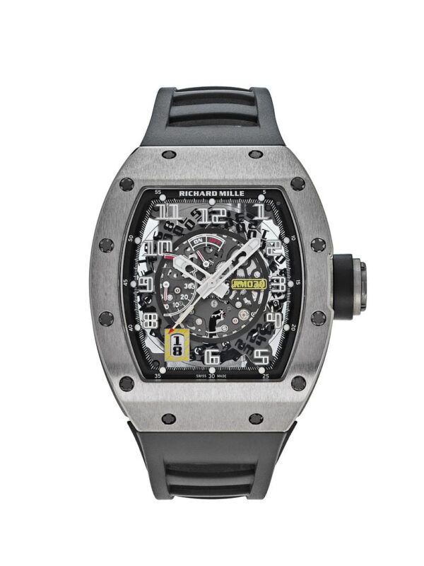 Richard Mille RM 030 Titanium (2021) with tonneau-shaped titanium case, skeletonized dial, and luxury strap showcasing innovative horological craftsmanship.