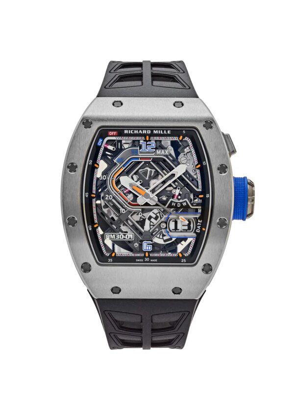 Richard Mille RM 30-01 Declutchable Rotor Titanium Skeleton Dial with Grade 5 titanium case, skeleton dial, function selector, and 55-hour power reserve.