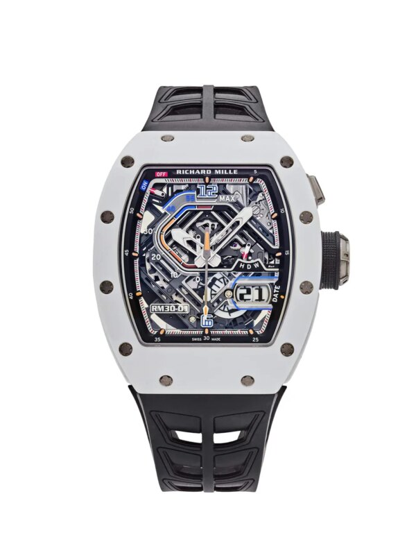 Richard Mille RM 30-01 with white ceramic case, featuring a Declutchable Rotor, power reserve of 55 hours, and function selector at 2 o'clock.
