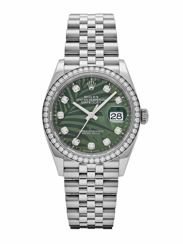 Rolex Datejust 126284RBR in stainless steel, featuring a green palm frond dial, diamond-set bezel, and Jubilee bracelet. A luxurious and nature-inspired timepiece.