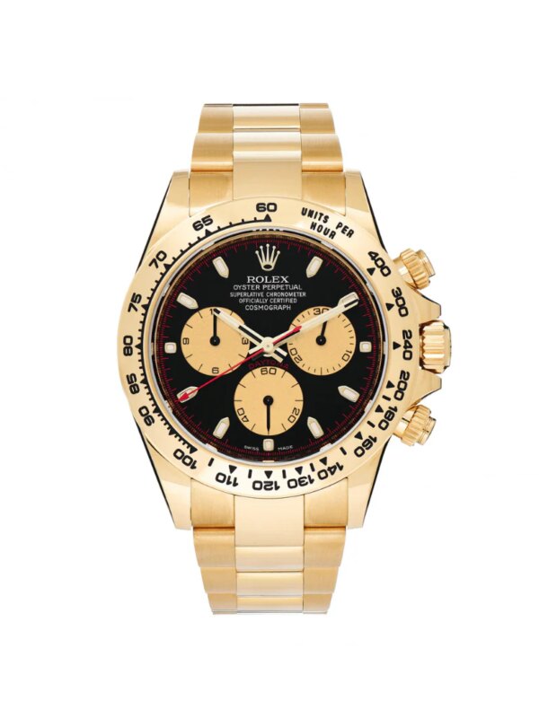 Rolex Daytona Yellow Gold 'Paul Newman' 116508 with black and gold dial and yellow gold Oyster bracelet.