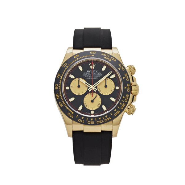 Rolex Daytona 116518LN in 18k yellow gold with black Cerachrom bezel, black dial, and gold 'Paul Newman' sub-dials on an Oysterflex strap.