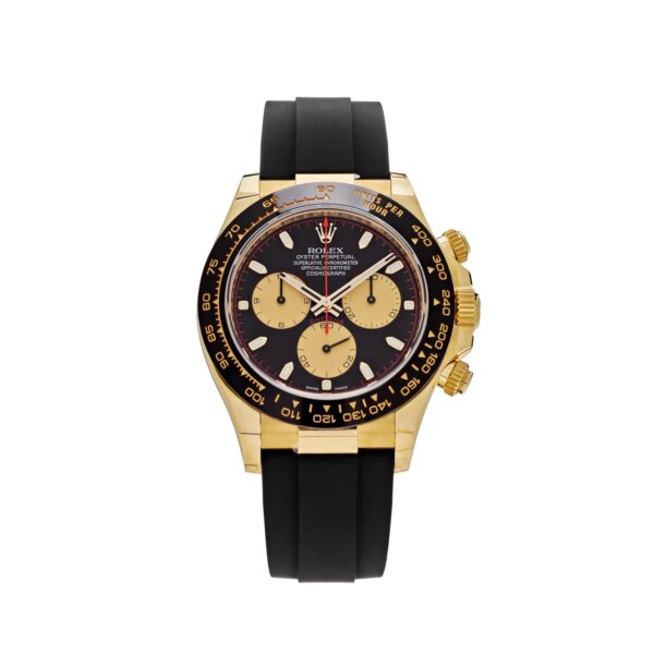 Rolex Daytona 116518LN in yellow gold with black Cerachrom bezel, black dial, gold sub-dials, and black rubber Oysterflex strap.