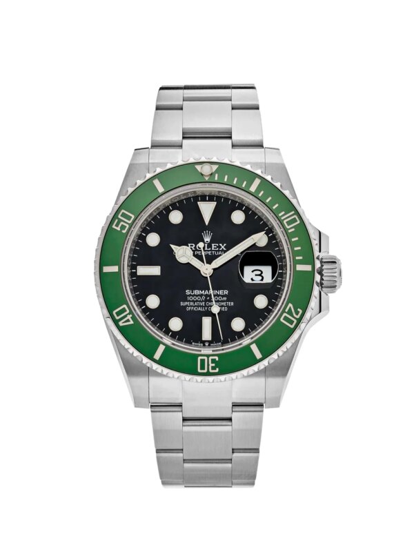 Rolex Submariner Date 126610LV 'Starbucks MK2' stainless steel watch with black dial, green bezel, and Oyster bracelet. A classic luxury dive watch.