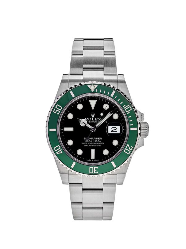 Rolex Submariner Date 126610LV 'Starbucks' in stainless steel with a black dial, green Cerachrom bezel, and Oyster bracelet. Iconic 2021 luxury dive watch.