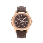 Patek Philippe Aquanaut 5164R-001 with brown dial, rose gold case, and dual time zone functionality.