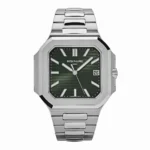 Patek Philippe Cubitus 5821/1A-001 in stainless steel featuring a sunburst olive green dial, square case with rounded edges, and a lockable adjustment bracelet.