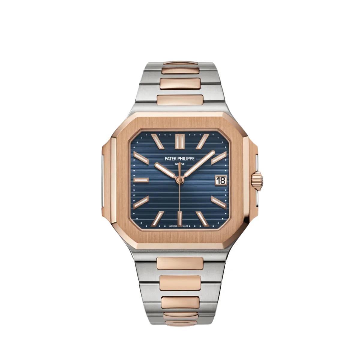 Patek Philippe Cubitus 5821/1AR-001 featuring a two-tone stainless steel and rose gold case, blue sunburst dial, and a matching two-tone bracelet.