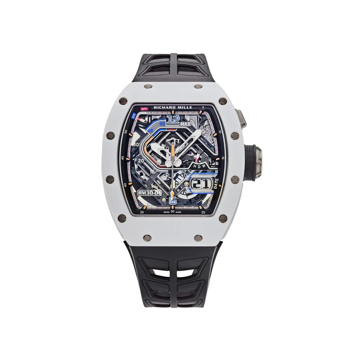 Richard Mille RM 30-01 with white ceramic case, featuring a Declutchable Rotor, power reserve of 55 hours, and function selector at 2 o'clock.