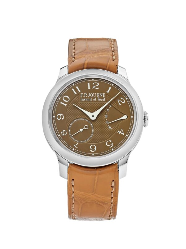 F.P. Journe Chronomètre Souverain Havana watch with a 40mm platinum case, Havana brown dial, brown leather strap, and an exhibition case back showcasing Calibre 1304.