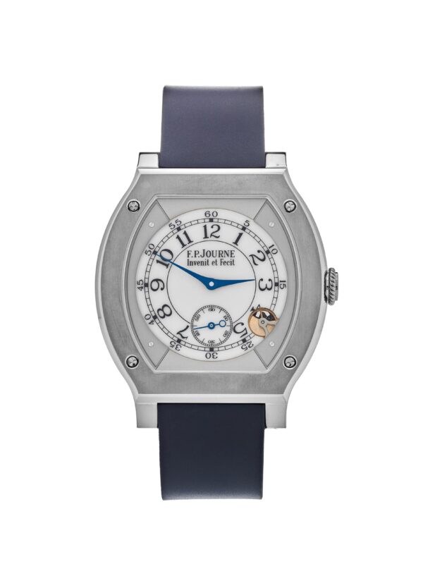 F.P. Journe Élégante 48 Titanium watch with luminescent white dial, 48mm lightweight titanium case, blue rubber strap, and innovative Calibre 1210 movement.