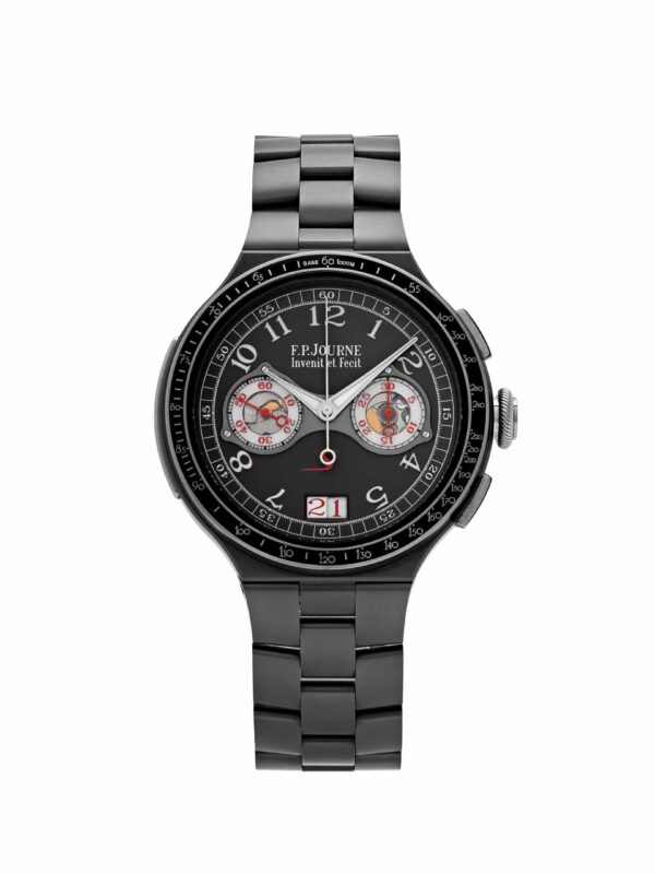 F.P. Journe Linesport Chronographe Monopoussoir Rattrapante watch in 44mm titanium, grey dial with red accents, and exhibition case back showcasing Calibre 1518.