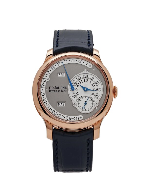 F.P. Journe Octa Calendrier watch in 40mm rose gold, featuring a white gold dial, off-centre hands, calendar complications, and a leather strap.