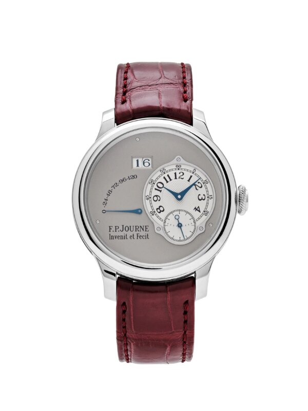 F.P. Journe Octa Réserve de Marche Platinum watch, 42mm platinum case, gold dial, 120-hour power reserve, and purple crocodile leather strap.