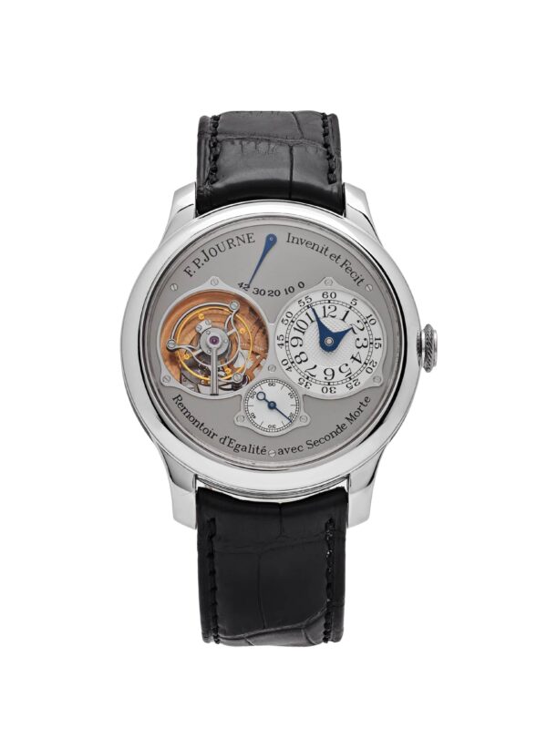 F.P.Journe Tourbillon Souverain with a 40mm platinum case, guilloché silver dial, tourbillon movement, and alligator leather strap, showcasing haute horlogerie.