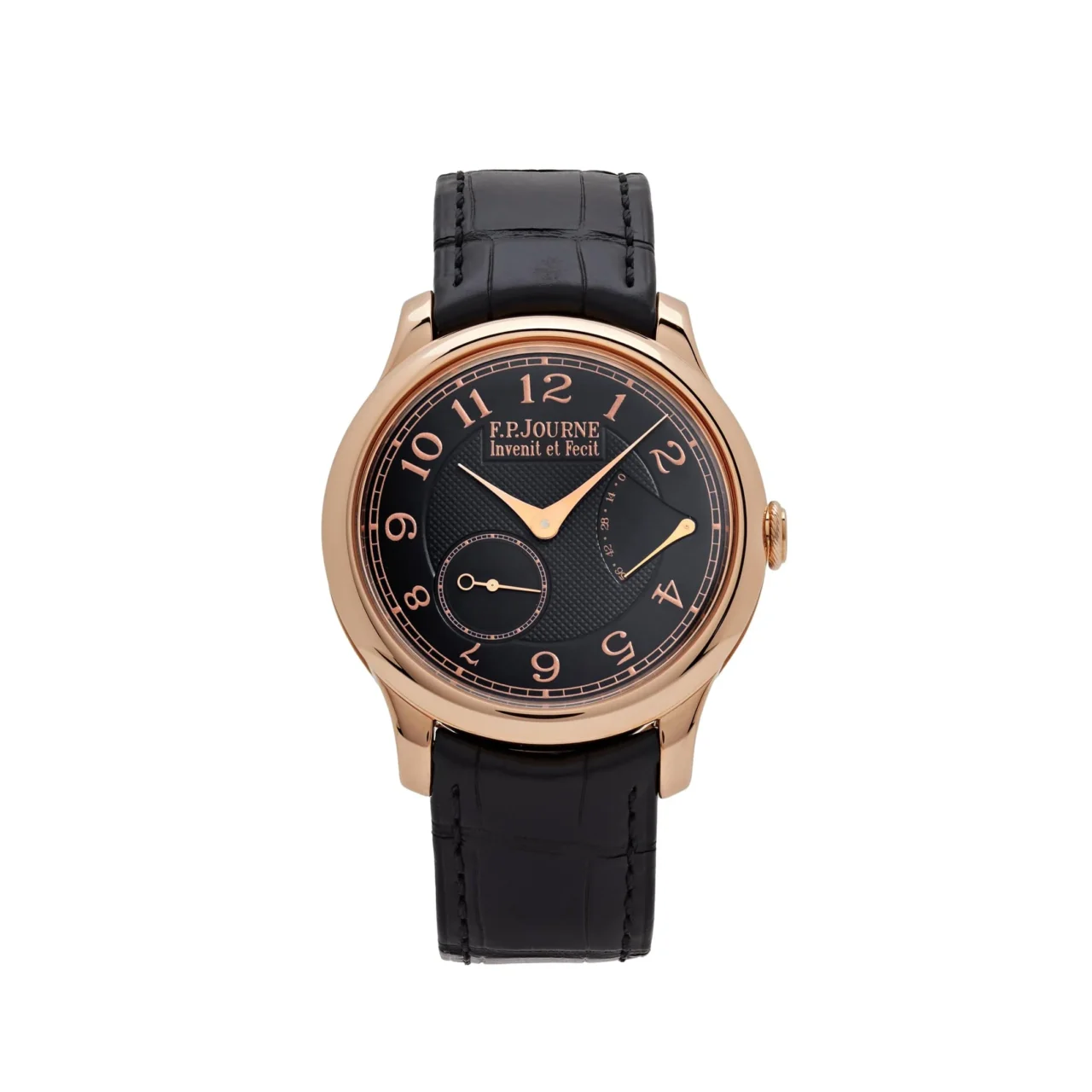 F.P. Journe Chronomètre Souverain Boutique Edition watch with a 40mm rose gold case, black dial, brown leather strap, and exhibition case back showcasing Calibre 1304.