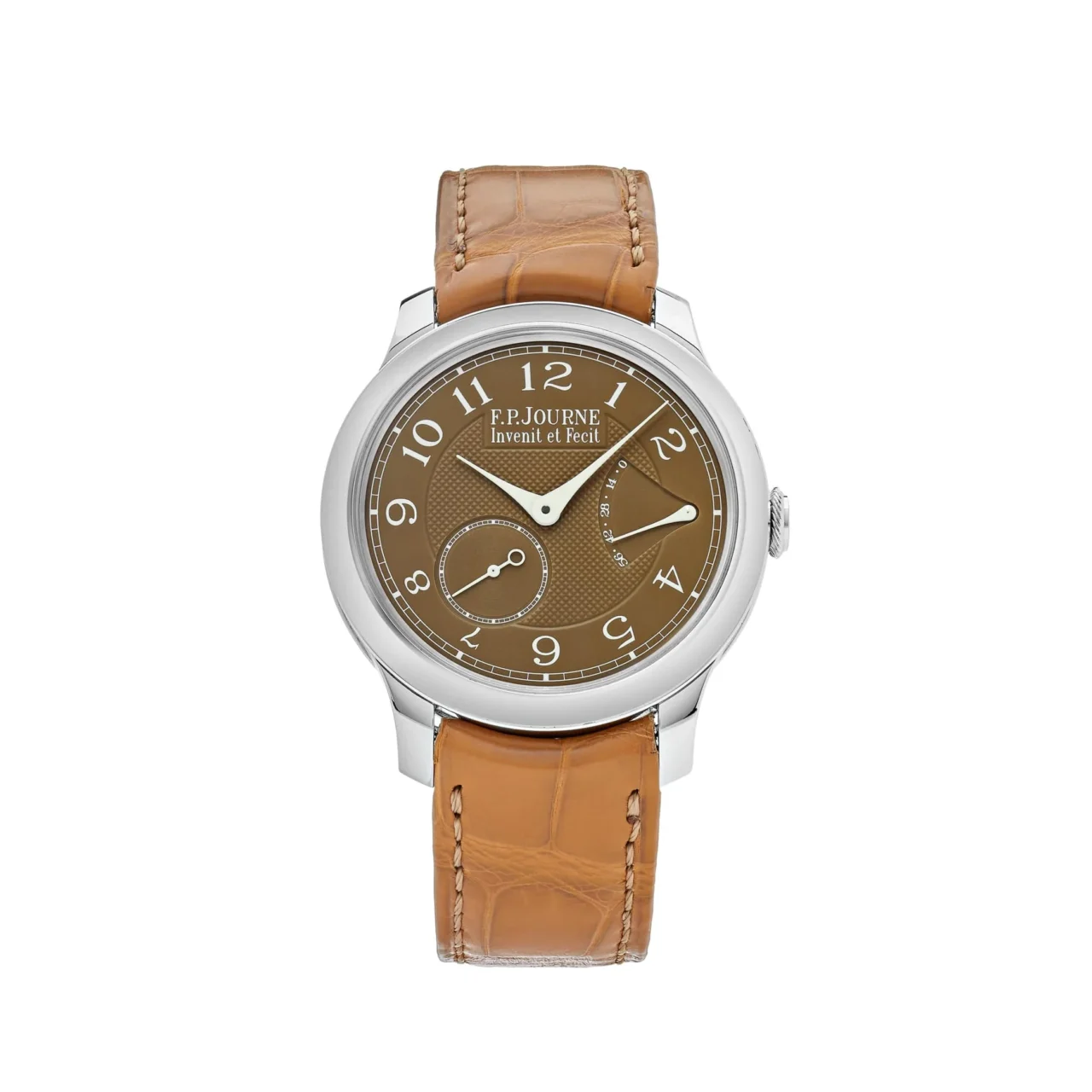 F.P. Journe Chronomètre Souverain Havana watch with a 40mm platinum case, Havana brown dial, brown leather strap, and an exhibition case back showcasing Calibre 1304.