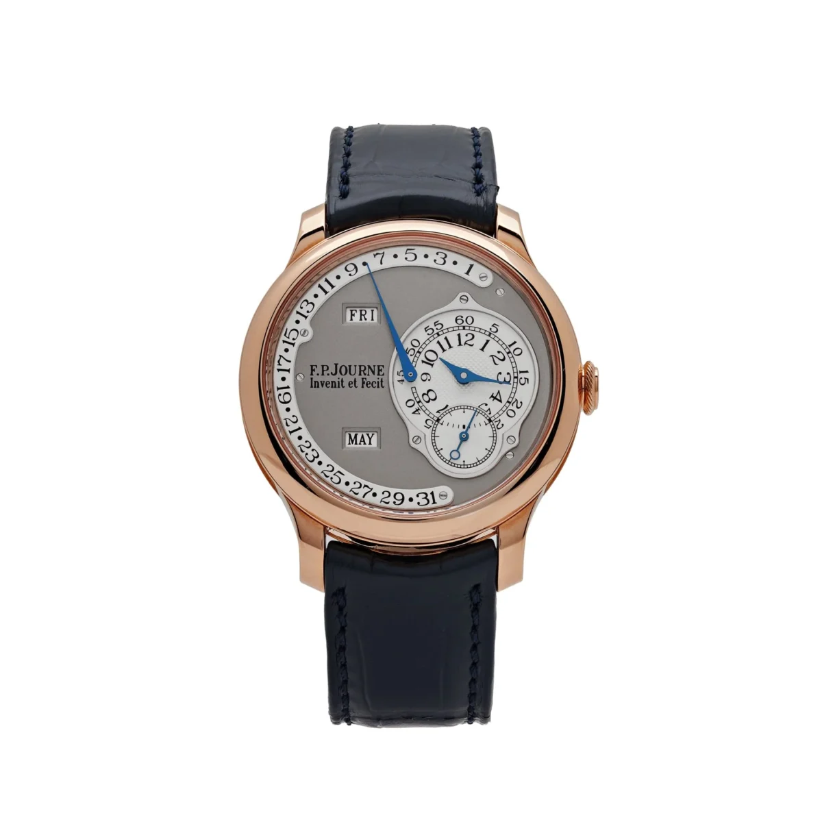 F.P. Journe Octa Calendrier watch in 40mm rose gold, featuring a white gold dial, off-centre hands, calendar complications, and a leather strap.