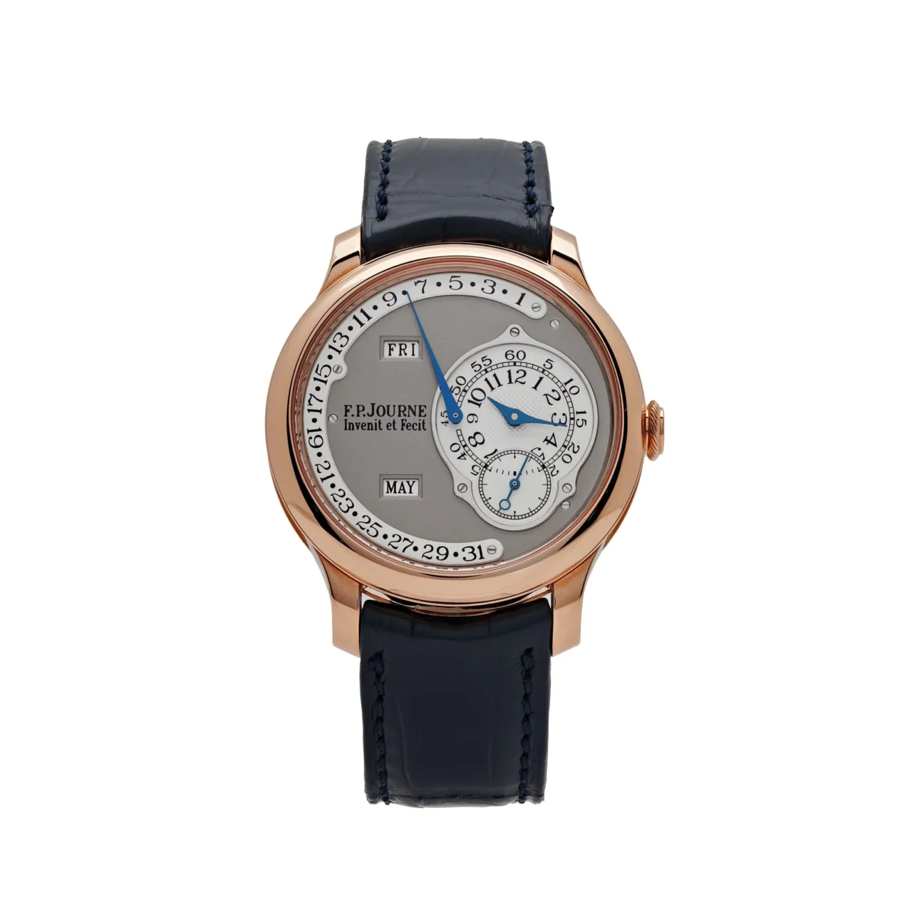 F.P. Journe Octa Calendrier watch in 40mm rose gold, featuring a white gold dial, off-centre hands, calendar complications, and a leather strap.