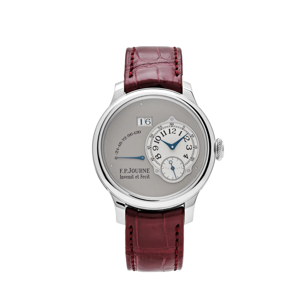 F.P. Journe Octa Réserve de Marche Platinum watch, 42mm platinum case, gold dial, 120-hour power reserve, and purple crocodile leather strap.