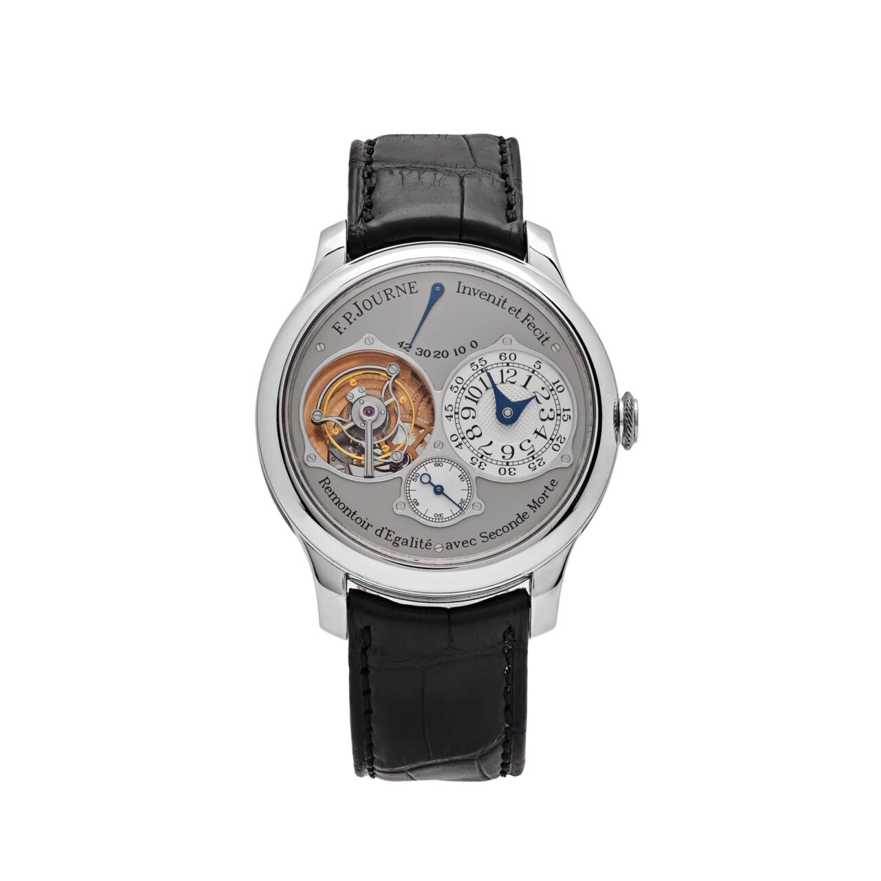 F.P.Journe Tourbillon Souverain with a 40mm platinum case, guilloché silver dial, tourbillon movement, and alligator leather strap, showcasing haute horlogerie.